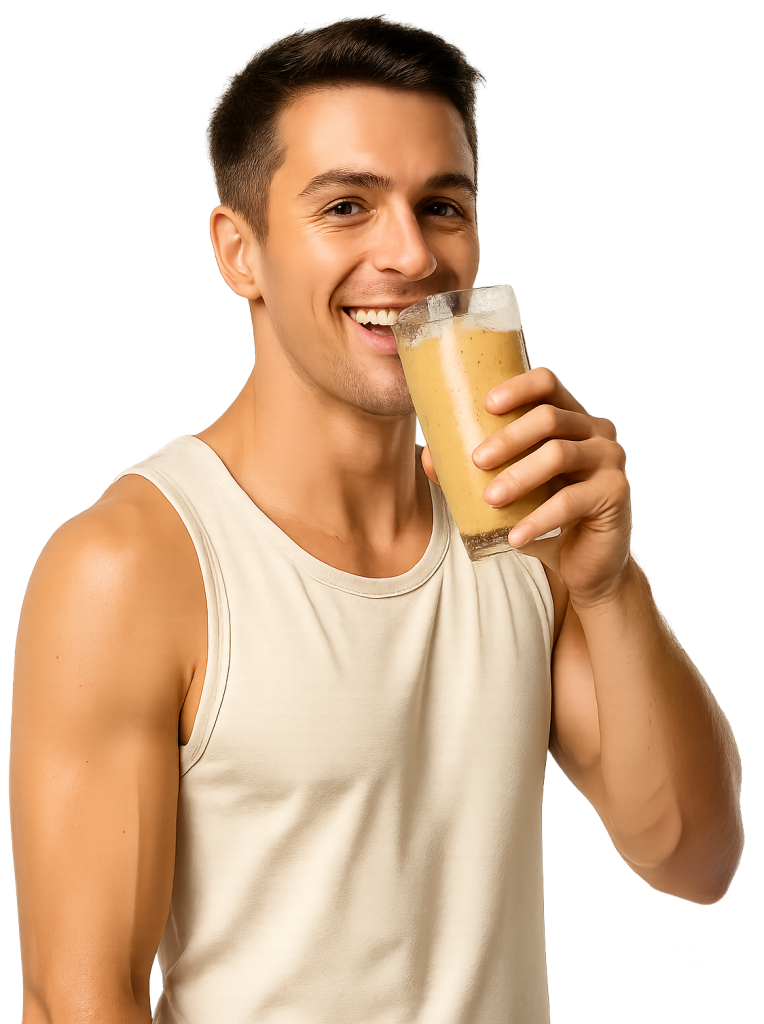 hombre disfrutando de batido de sea moss en un vaso con hielo con una camiseta sin mangas color crema