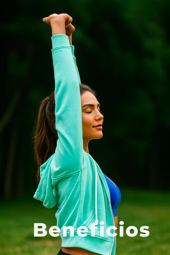 Mujer estirando los brazos con energía y bienestar, representando los beneficios del Sea Moss en Chile