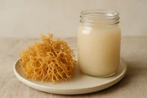 Frasco de gel de Sea Moss junto a musgo marino seco sobre un plato, mostrando este superalimento natural rico en minerales.