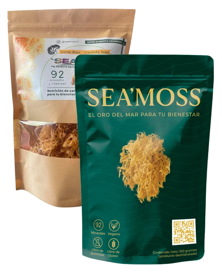 Empaques de Sea Moss crudo deshidratado en presentación de bolsas, superalimento natural con 92 minerales disponible en Chile