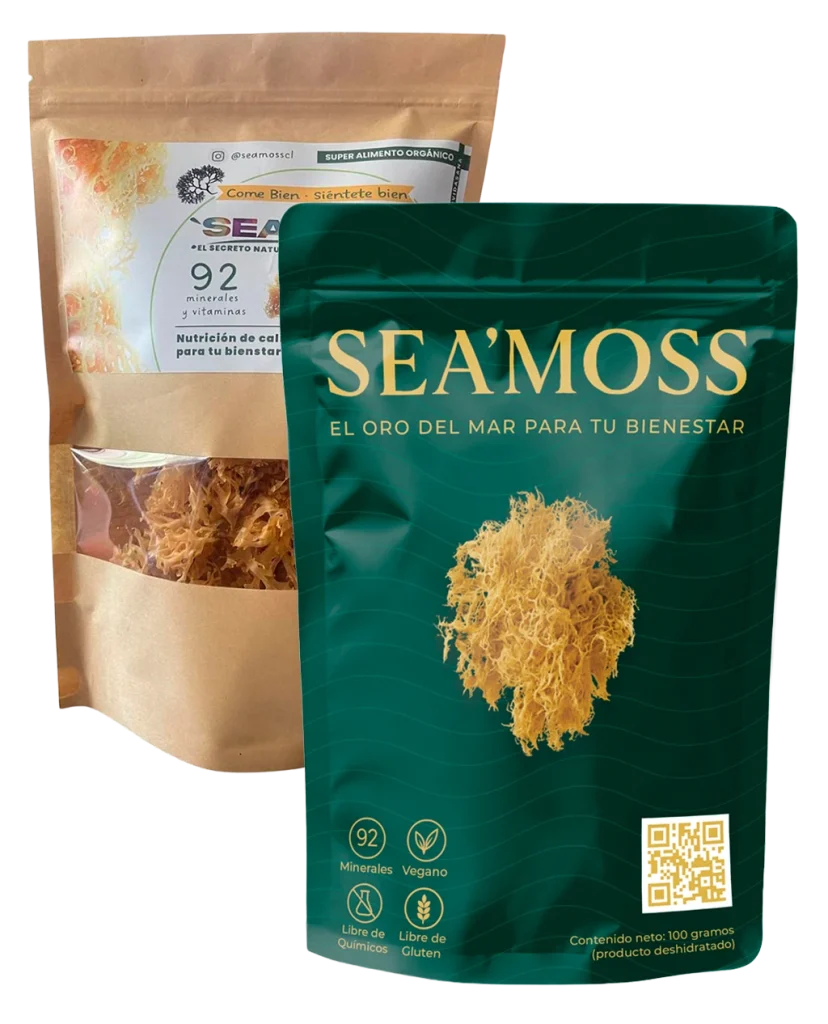 Empaques de Sea Moss crudo deshidratado en presentación de bolsas, superalimento natural con 92 minerales disponible en Chile