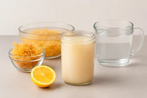 Frasco de vidrio con sea moss gel casero acompañado de musgo marino seco, agua y limón.