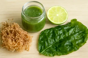 Imagen de alga marina con Sea Moss y bebida natural, representando sus beneficios y propiedades saludables.