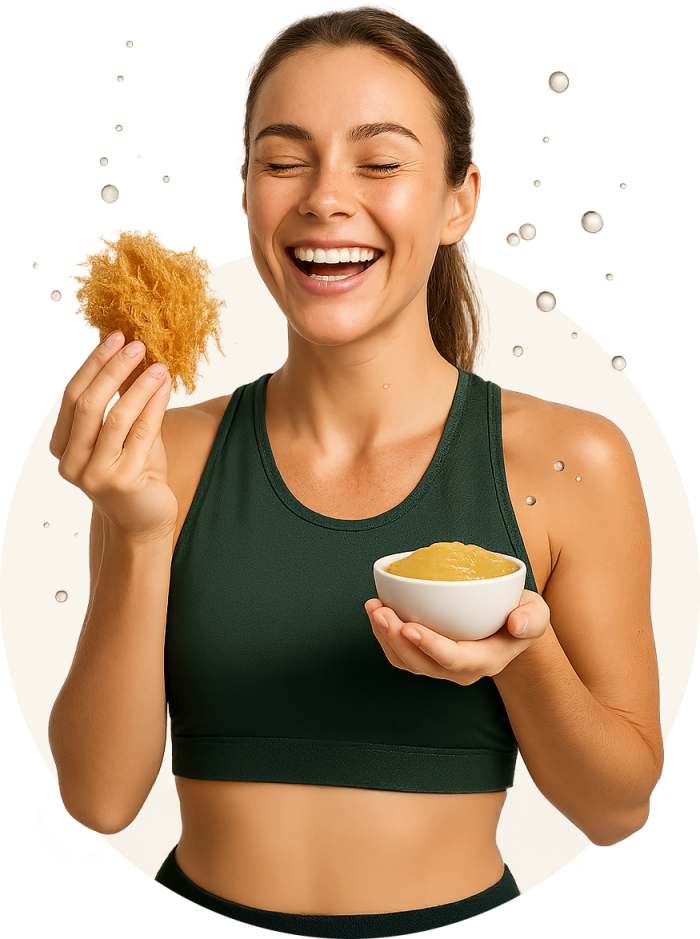 chica sonriendo sosteniendo en su mano sea moss crudo y en gel chica sonriendo sosteniendo en su mano sea moss crudo y en gel